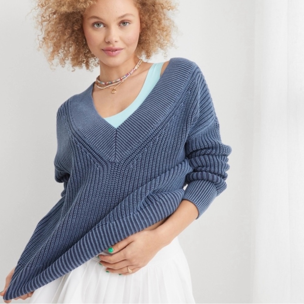 Aerie Wide V Neck Oversized Distressed Sweater